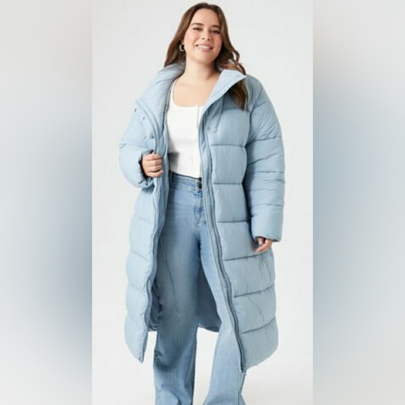 NEW Women Plus Size Longline Puffer Coat/Jacket! F21. Sky-Blue. 1X Adult. - Picture 2 of 16